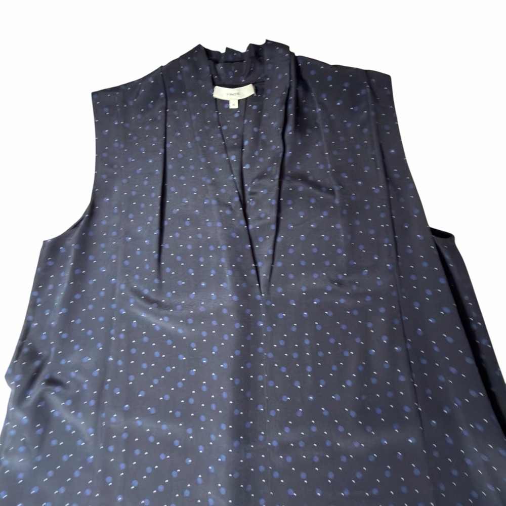 Vince Blue Silk Polka Dot Midi Dress M Sleeveless V Neck Casual Cocktail Pockets - Picture 8 of 16